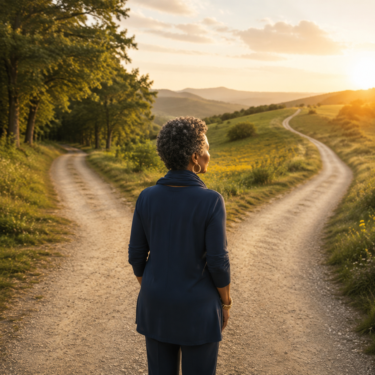 Woman considering different paths during a life transition