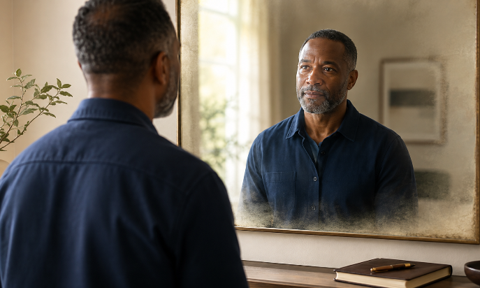 Man reflecting on personal growth and transformation